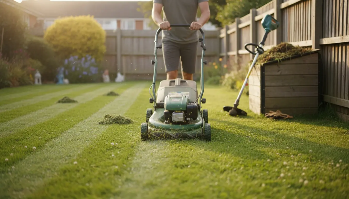 Græsslåmaskine i gang i en privat have med nyslået plæne og græsafklip spredt på græsset.