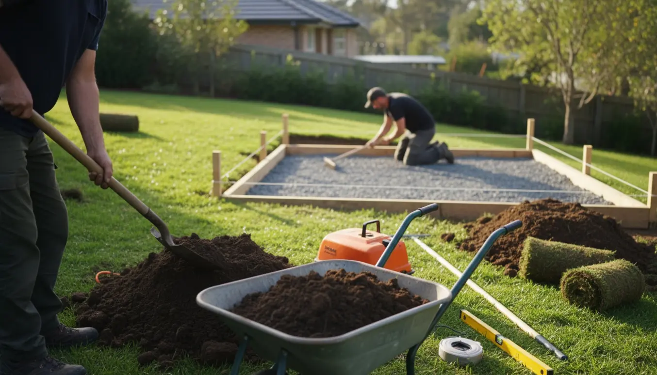 Skrånende havegrund med jord, værktøj og en rektangulær plamage planeret til fundament til et redskabsskur.