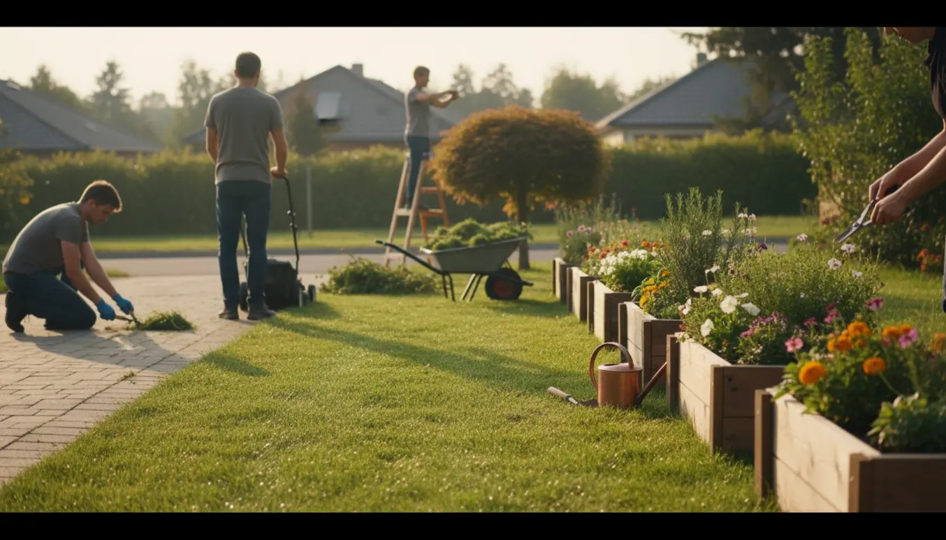 Havearbejde med slåning af græs, ukrudtsfjernelse i asfalt, beskæring og vedligeholdelse af plantekasser i en solrig have.