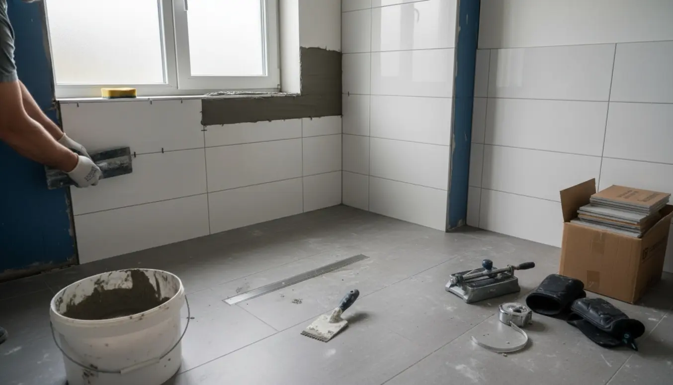 Nærbillede af udskiftning og fugning af fliser i en bruseniche og på badeværelsesgulvet med værktøj og nye fliser.