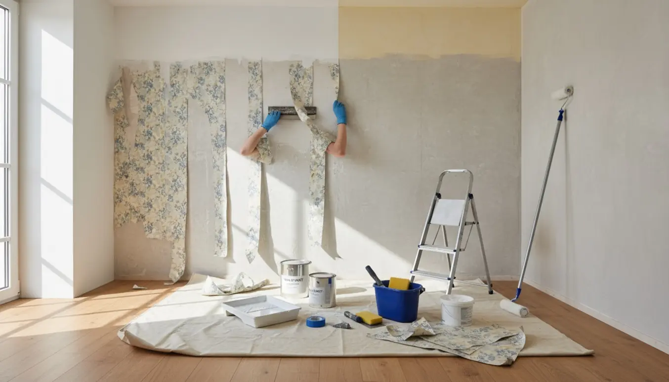 Lille værelse under renovering, hvor tapet fjernes fra en væg og vægge samt loft forberedes til maling.