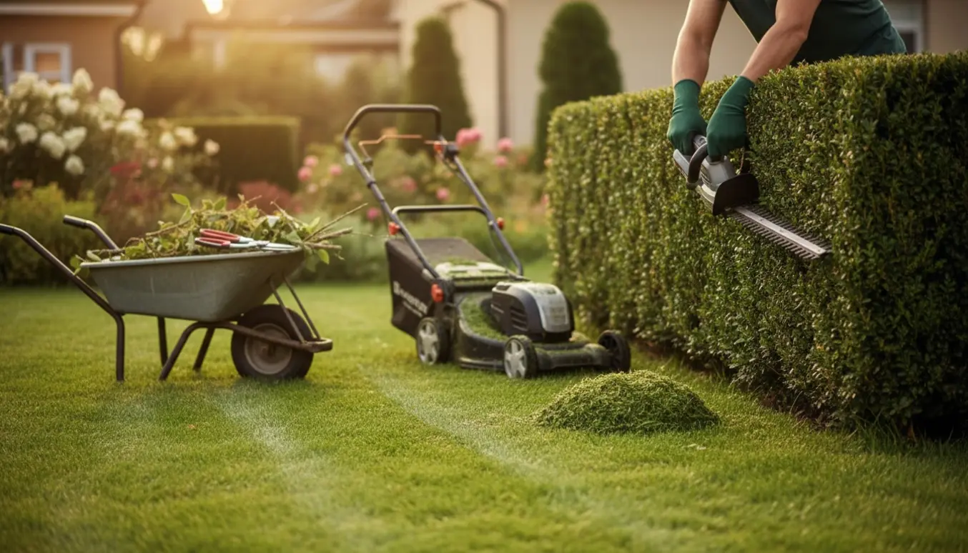 Veltrimmet hæk og nyslået græs i have med hækkeklipper og plæneklipper i nærbillede.