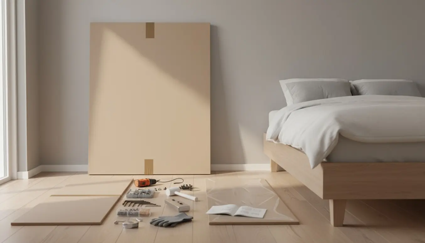 Uåbnet fladpakket garderobeskab i soveværelse med samleværktøj klar til montage.