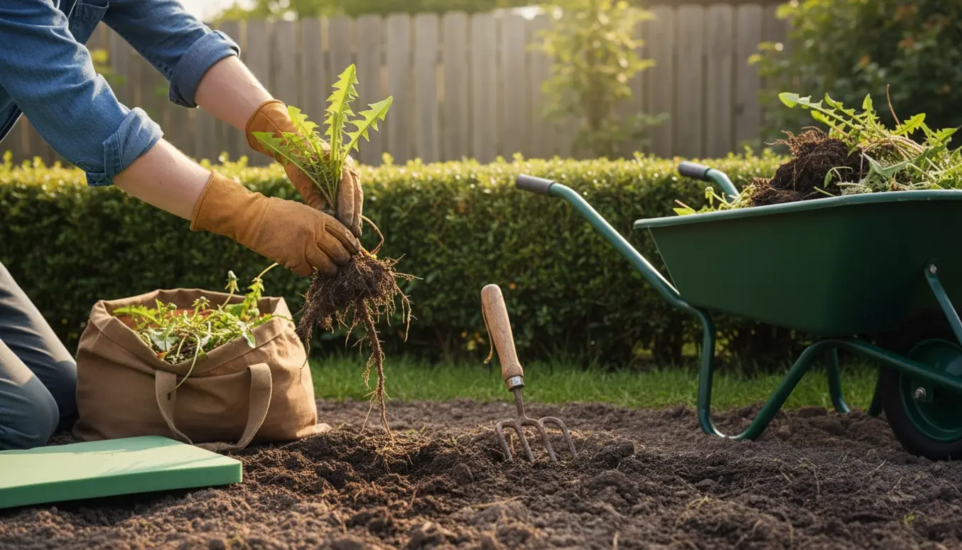 Handskerede hænder fjerner ukrudt fra et havebed ved en velplejet hæk.