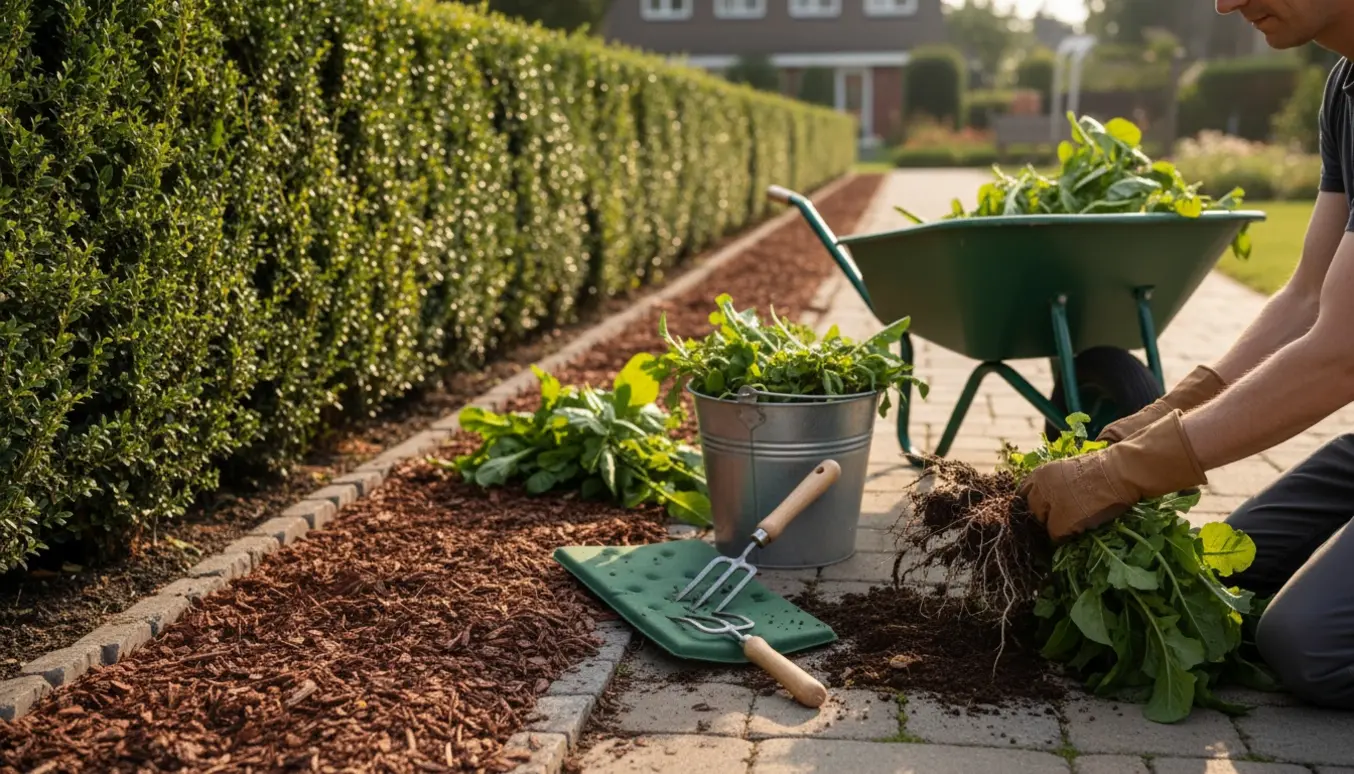 Hænder i handsker trækker ukrudt op ved en hæk og bede med haveredskaber i baggrunden.