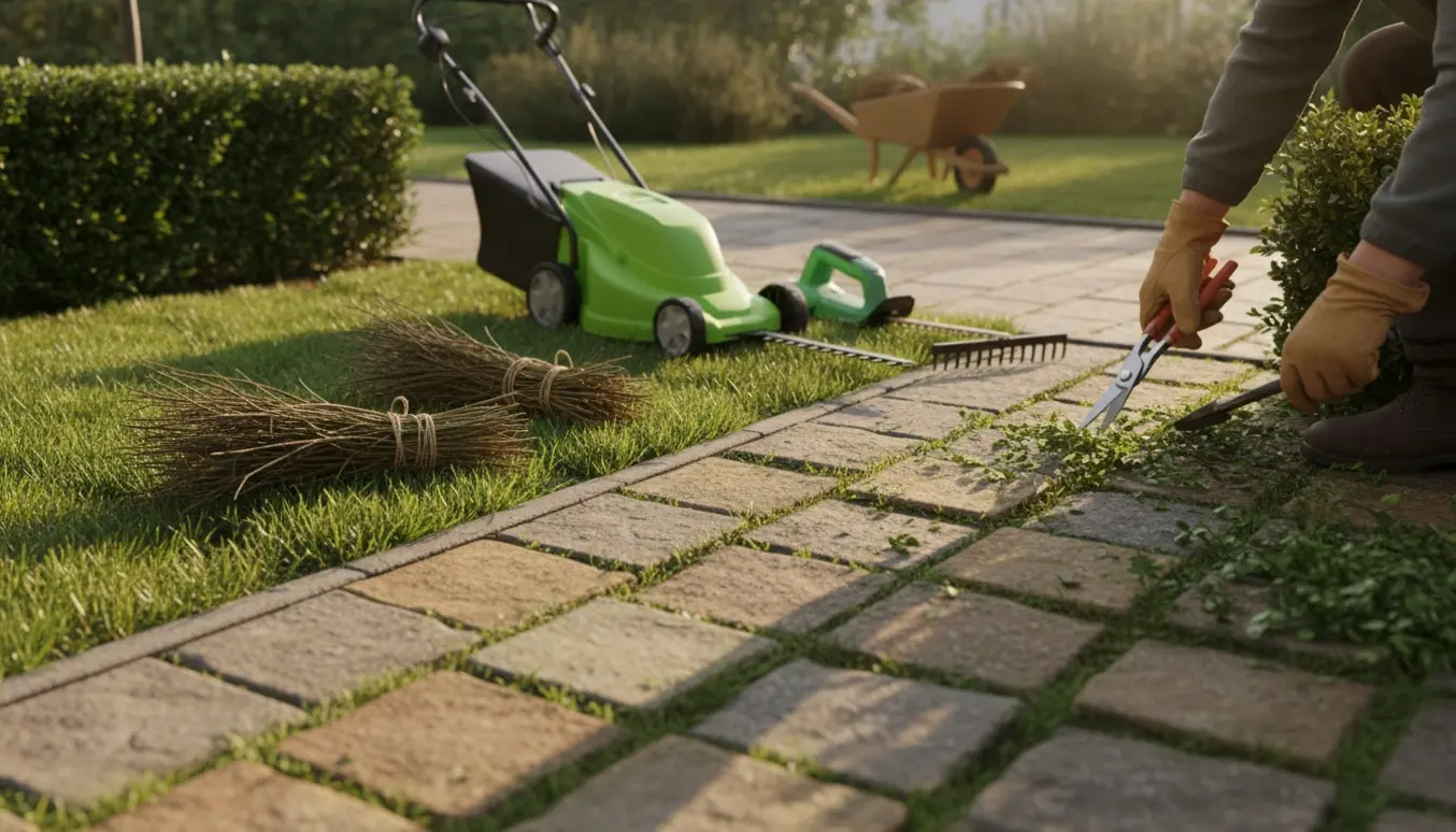 Solbeskinnet lille haveterrasse med nyslået græs, nyklippet hæk, bundter af beskårede grene ved fortovet og haveredskaber i brug.
