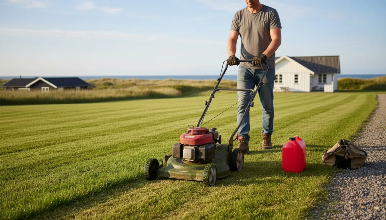 Plæneklipper på en nyklippet kystgræsplæne i Hornbæk med slåningsstriber og et sommerhus i baggrunden.