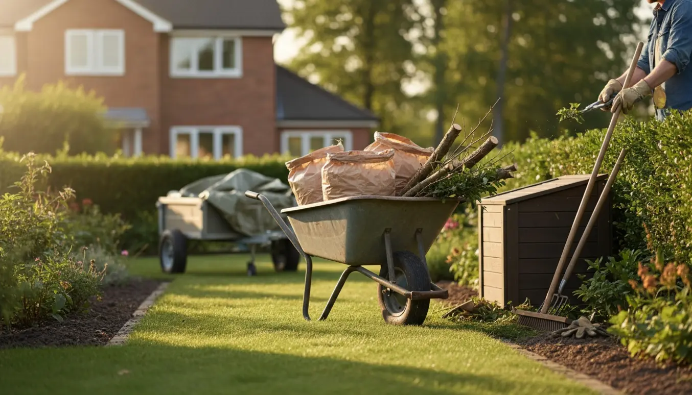 Trillebør og haveredskaber ved en velholdt have med haveaffald klar til bortskaffelse.