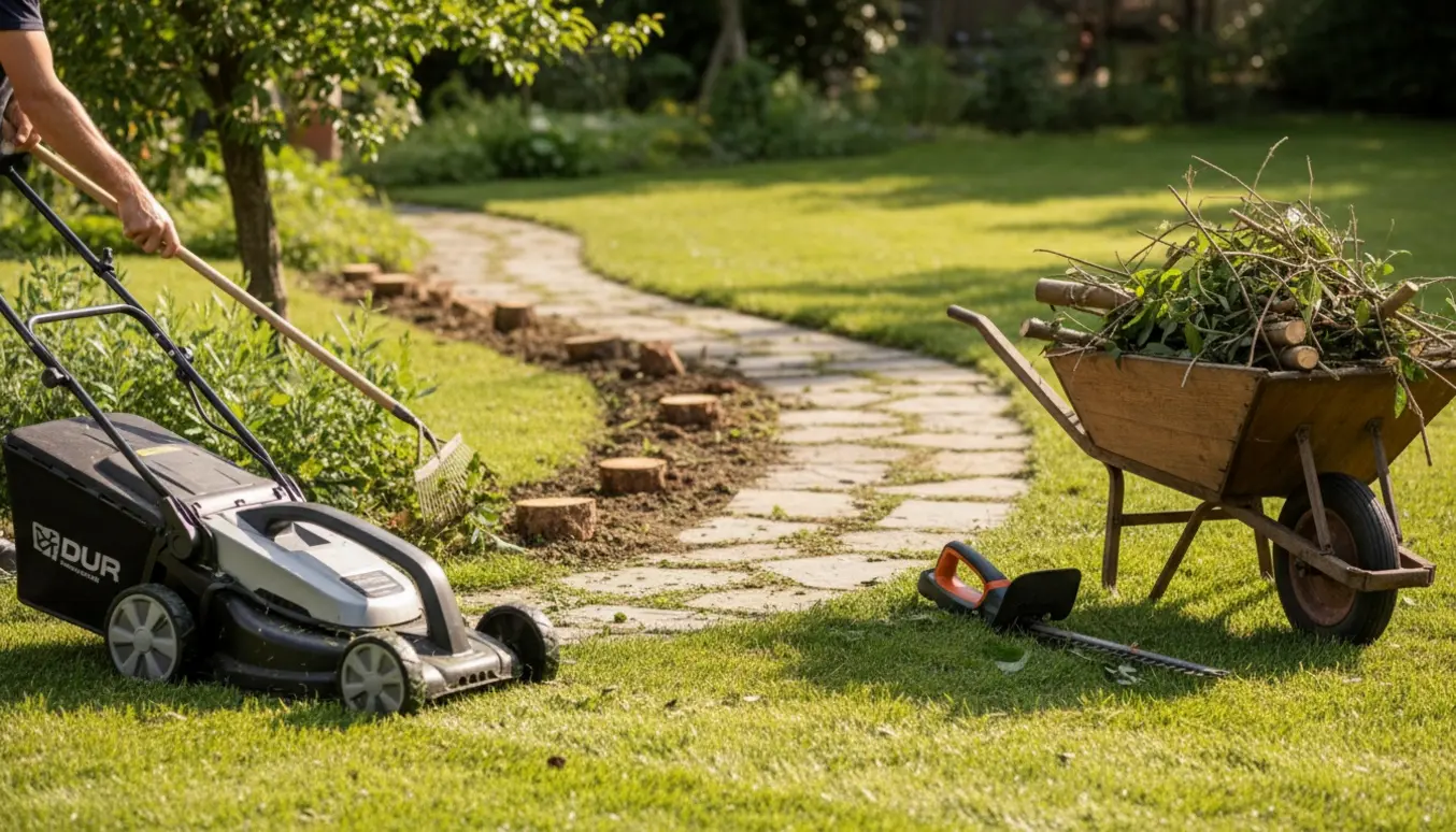 Solbelyst have med nyslået græs, plæneklipper og en trillebør fyldt med beskårne buske ved en ryddet stensti.