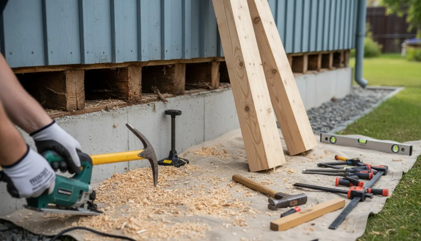 Udskiftning af rådne bundbjælker på et træhus med friske tilskårne bjælker og håndværktøj.
