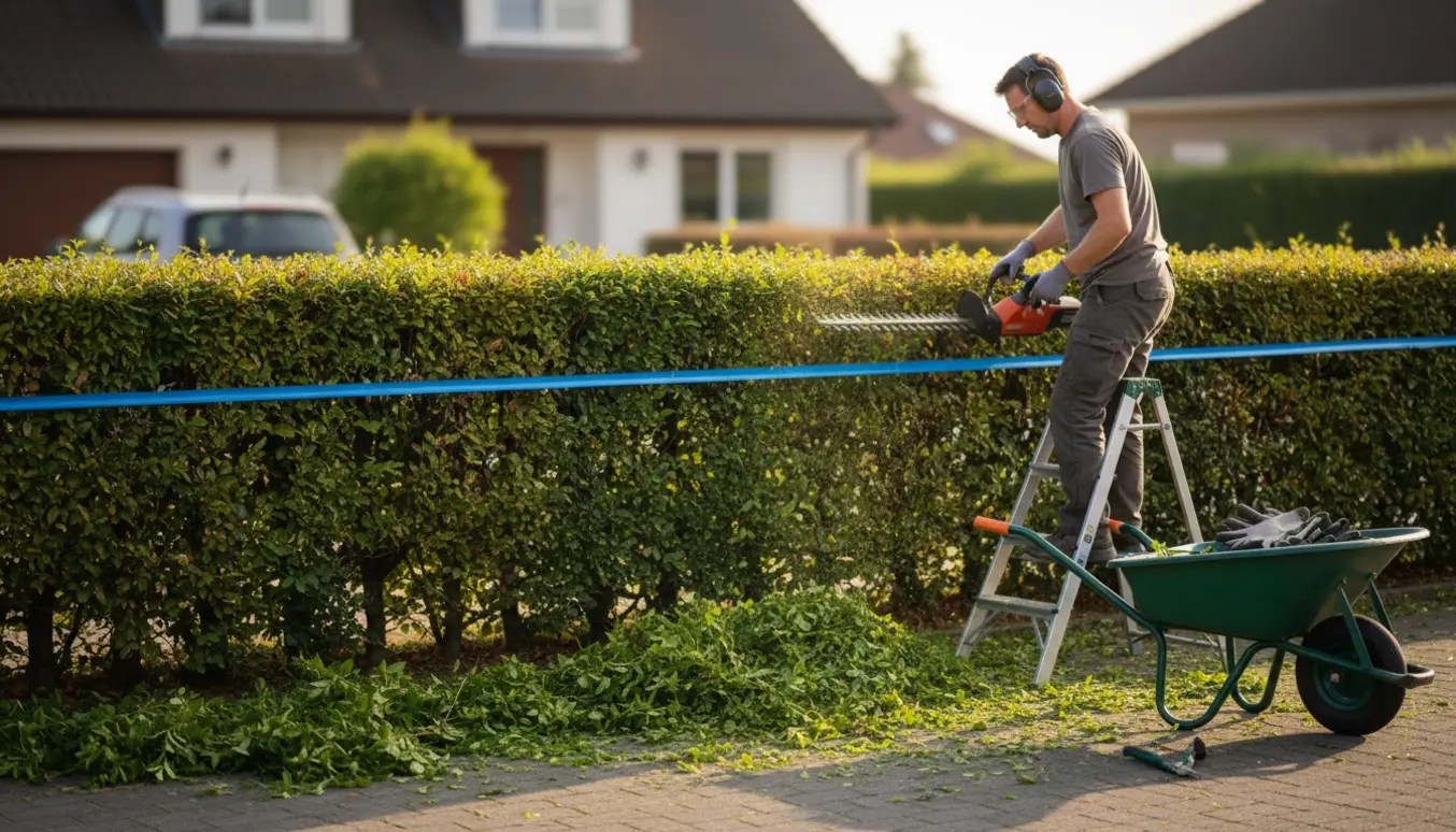 Hæk i indkørslen klippes ned og ind til en stram snor som højdeguide på cirka 160 cm, med værktøj og afklip på indkørslen.