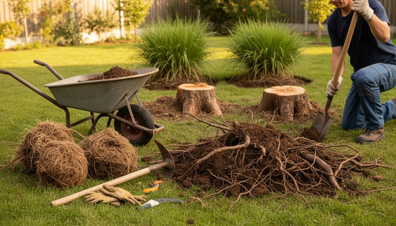 Udsnit af havearbejde med to gravede træstammer og tre buske af elefantgræs lagt ved siden af værktøj og skovl.