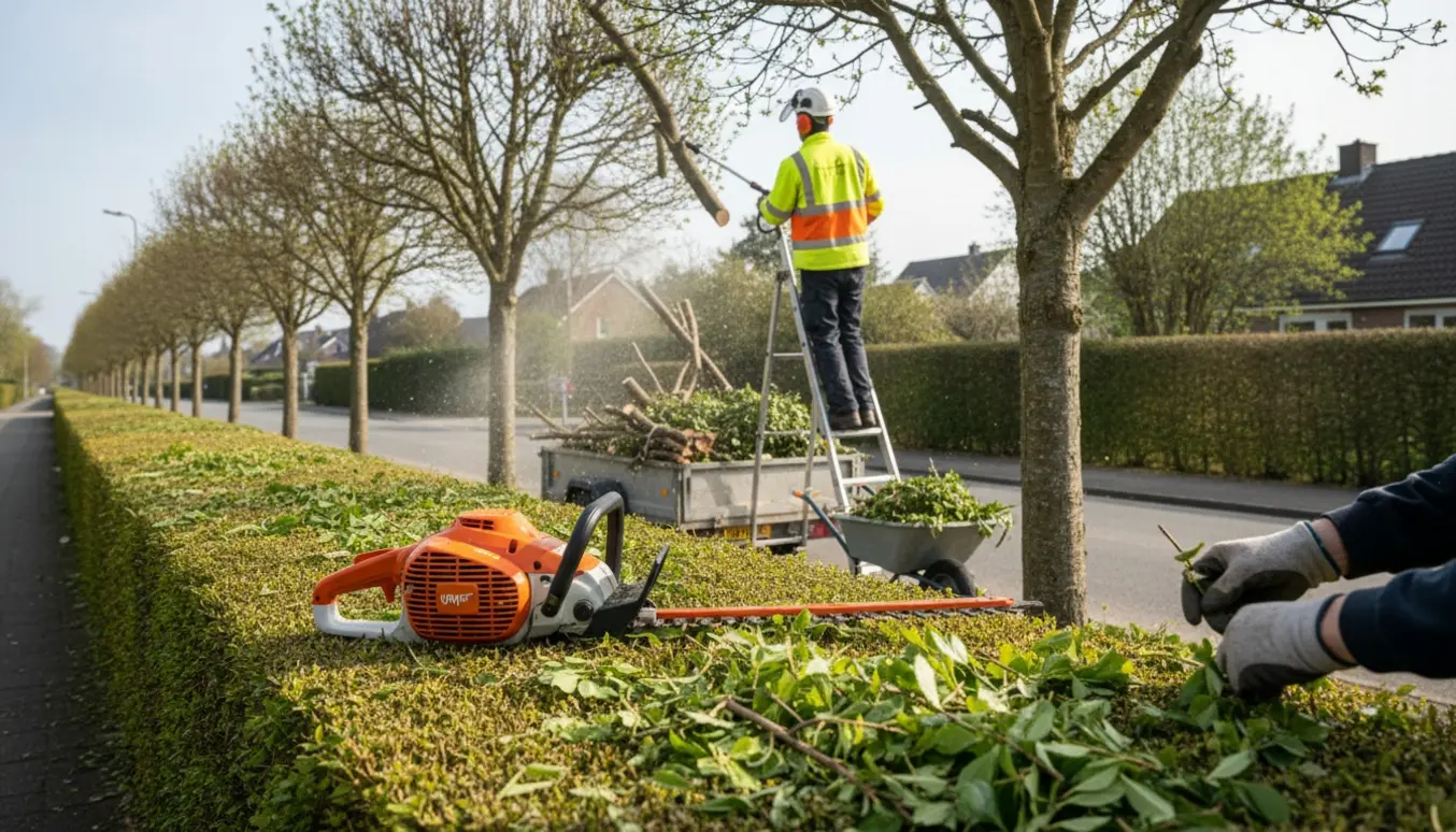 Hækklipning og træbeskæring på en vej med grene klar til bortkørsel i en trailer.