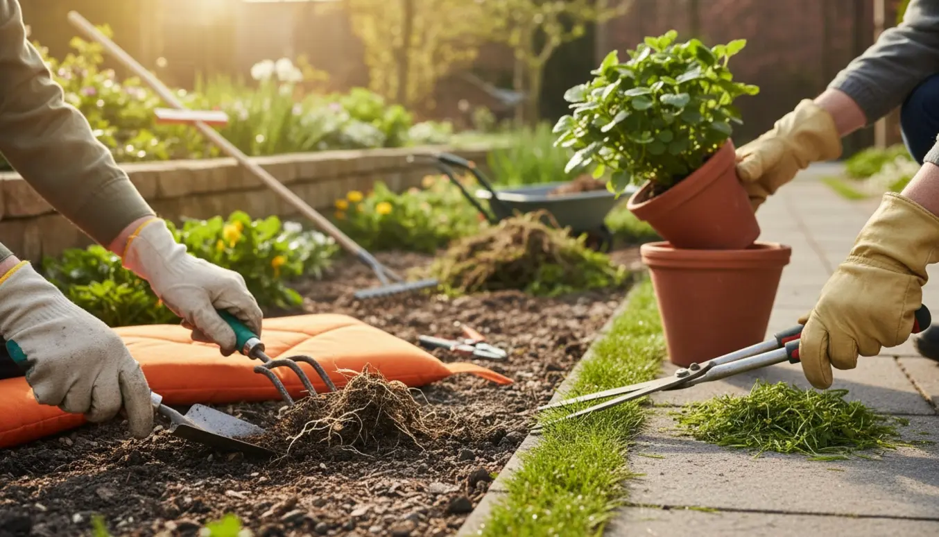 Hænder luger ukrudt i et lille bed, kanttrimning af græs og omplantning af en potte i baggrunden.