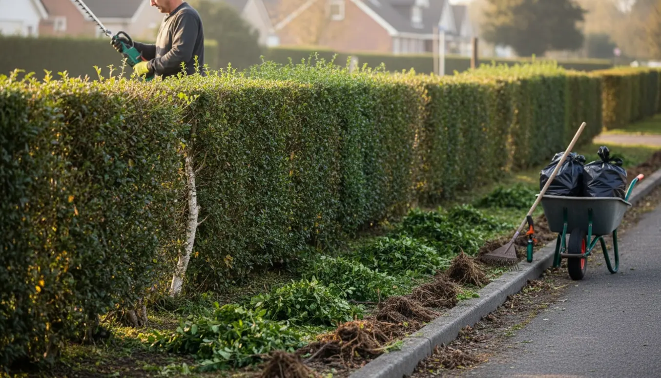 Hækkeklipning og fjernelse af ukrudt ved kantsten med værktøj og opsamlingsposer.