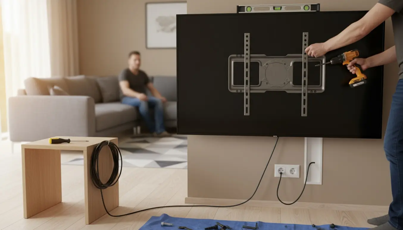 To personer monterer et fladskærms-tv på væggen med vægbeslag, værktøj og kabelføring.
