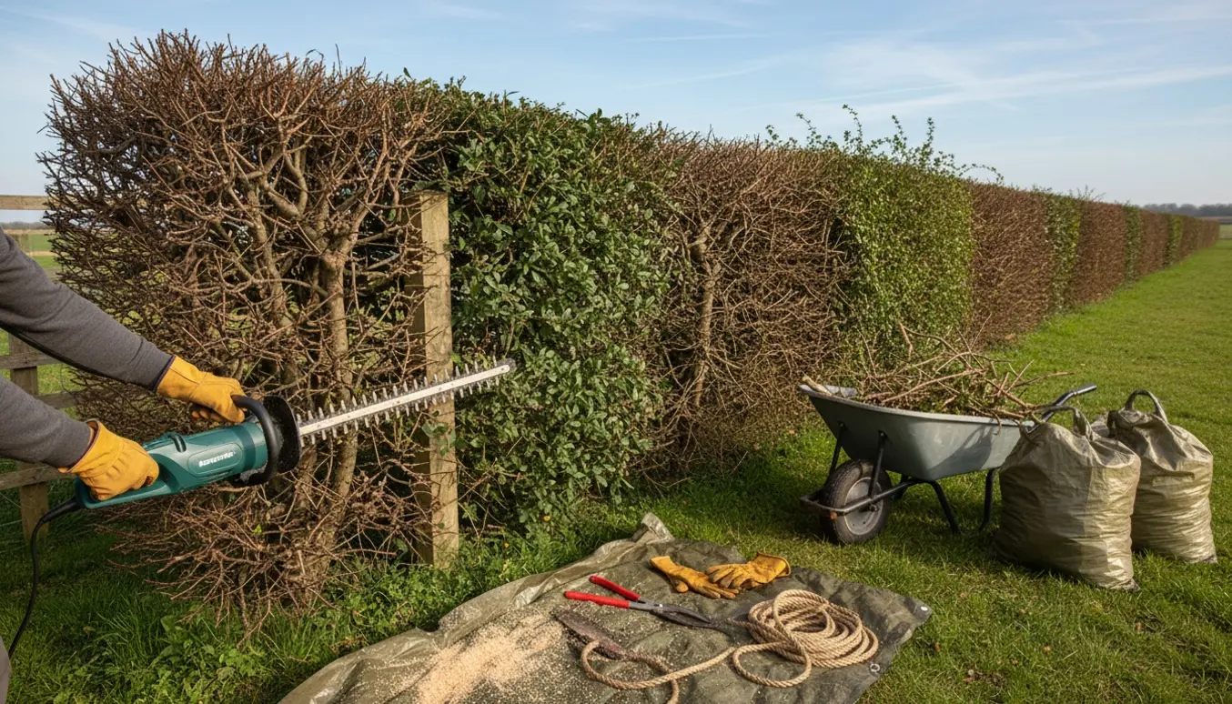 En lang tjørnehæk bliver klippet og hækaffald samles i en trillebør og sække.
