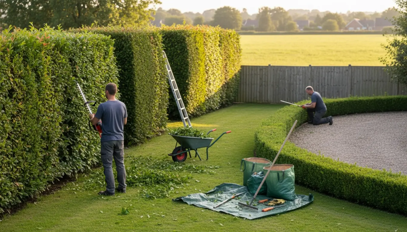 Hækkeklipning langs indkørsel og havegrænse med hækkeklipper, stige, trillebør og opsamlede afklip.
