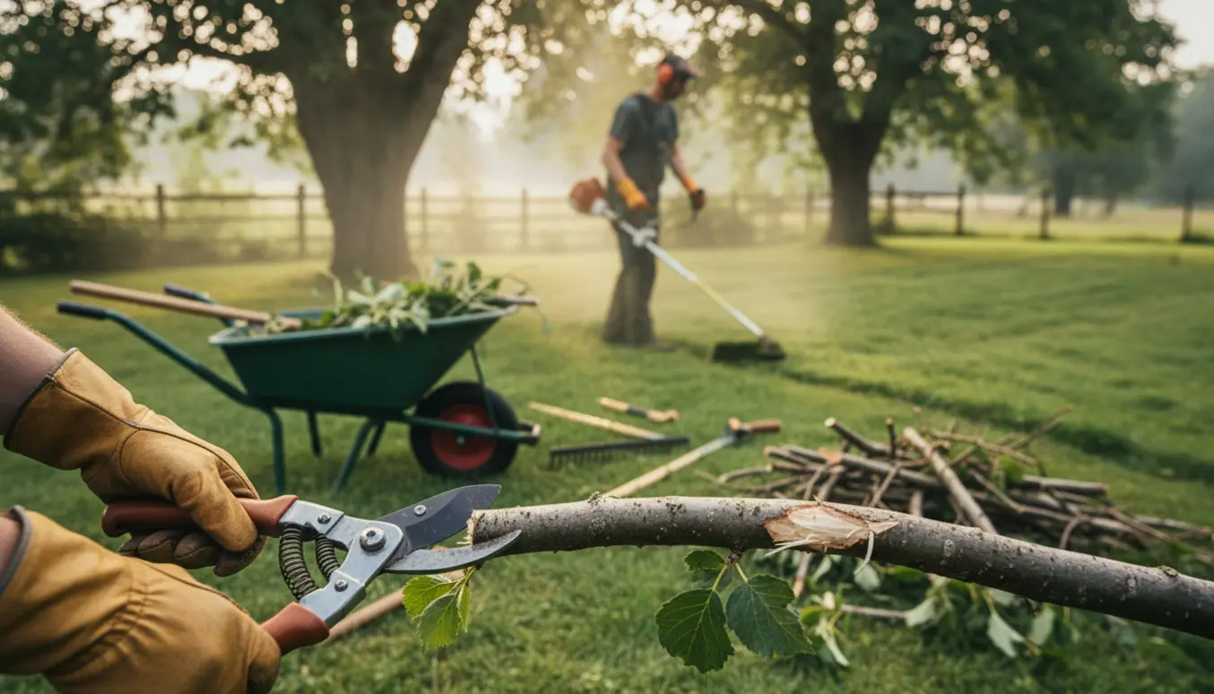 Hænder beskærer grene i en have, mens en buskrydder slår græs i baggrunden.