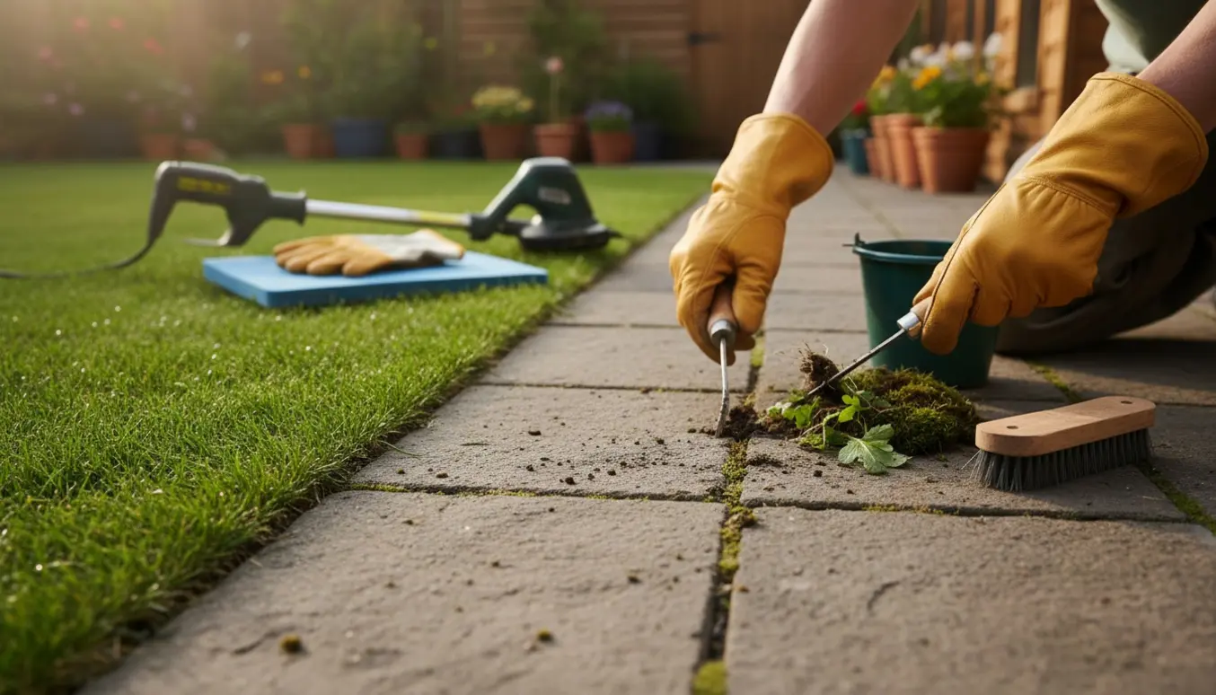 Hænder i handsker fjerner ukrudt fra fugerne mellem fliser med nytrimmet græskant i baggrunden.