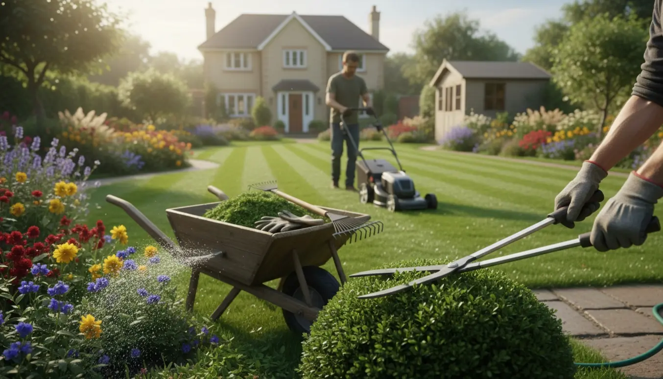 En person set bagfra slår græsset og trimmer hæk i en velplejet have med værktøj og trillebør.
