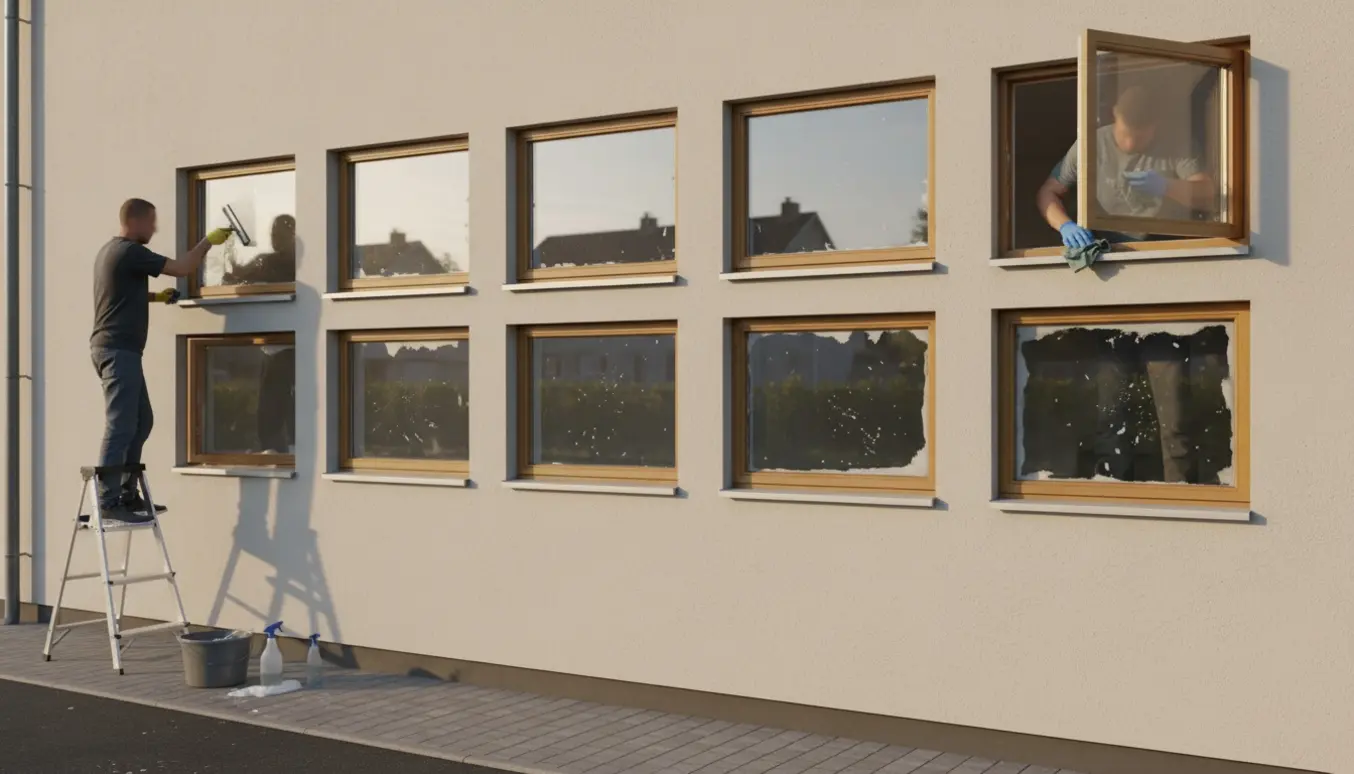 Rækkehusfacade med otte vinduer, hvor hænder pudser ind- og udvendigt med svaber og skraber.