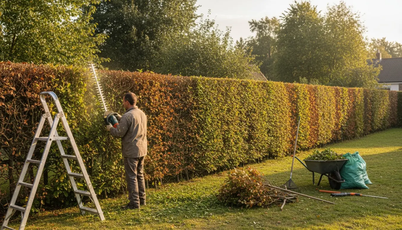 Gartner trimmer en lang bøgehæk med trillebør og bunker af afklip i blødt eftermiddagslys.
