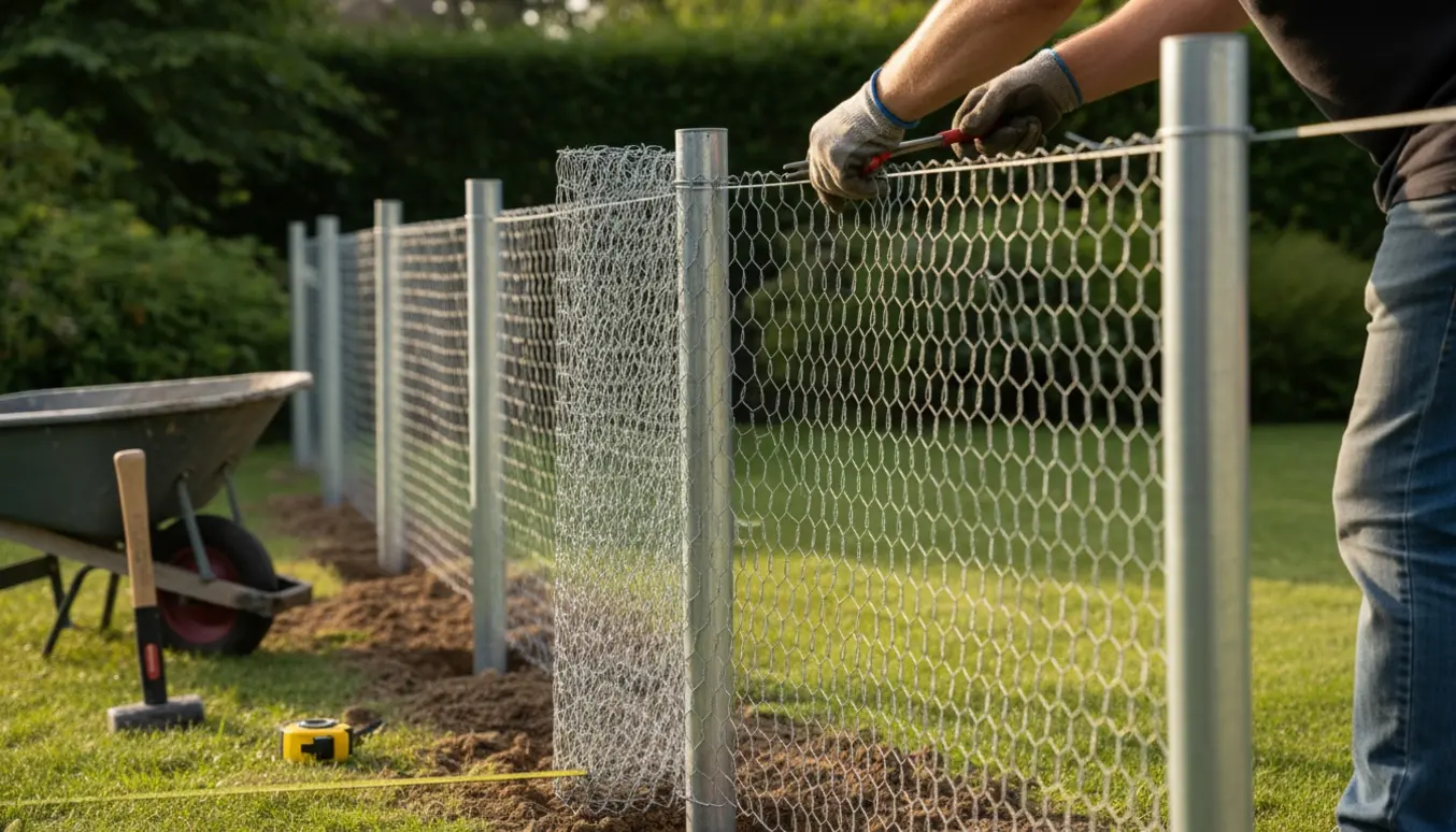 Montering af rionethegn i en have med rulle af net, stolper og hænder, der fæstner nettet.