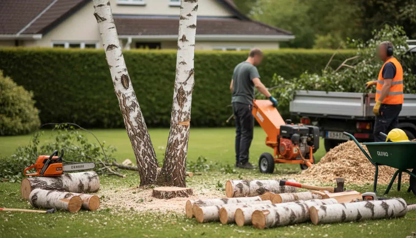 Fældet birketræ med opskårne stammer, brænde, savsmuld og værktøj i en villahave.