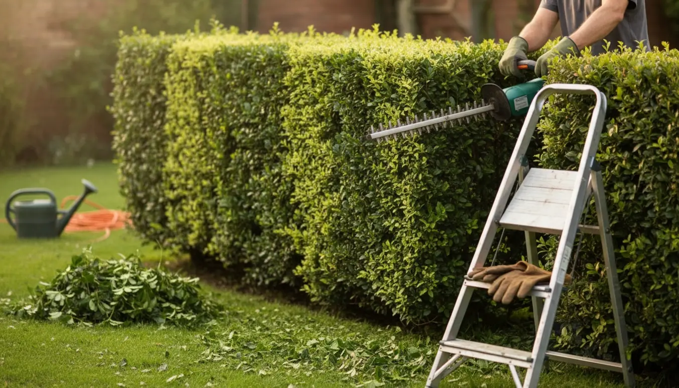En person trimmer en ligusterhæk med en elektrisk hækkeklipper, mens afklippet grønt ligger på græsset.