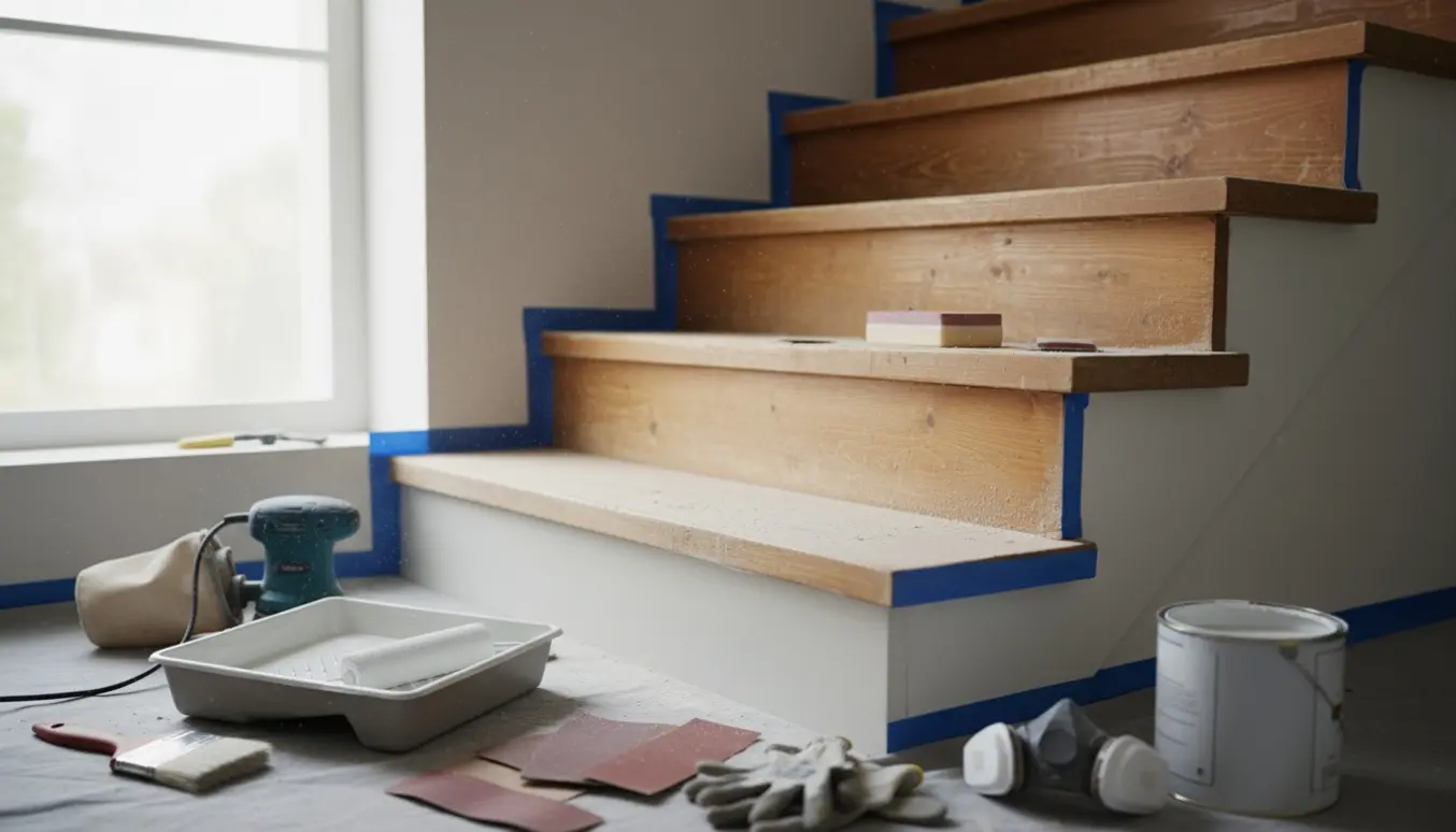 Trappe under renovering med slebne trin, nymalede matte hvide trin og værktøj på afdækning.