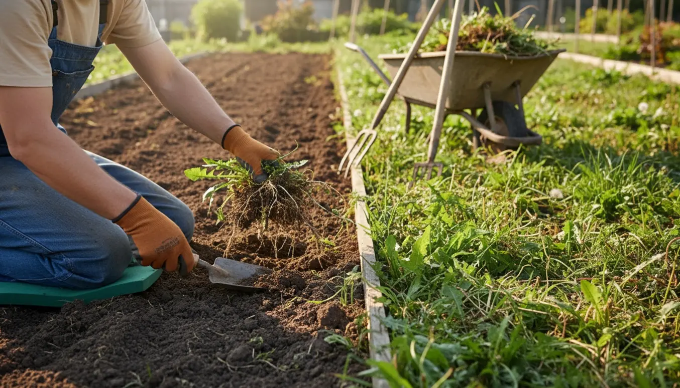 Et langt havebed hvor en person luger ukrudt med handsker, trowel og en trillebør fyldt med affald i morgensol.
