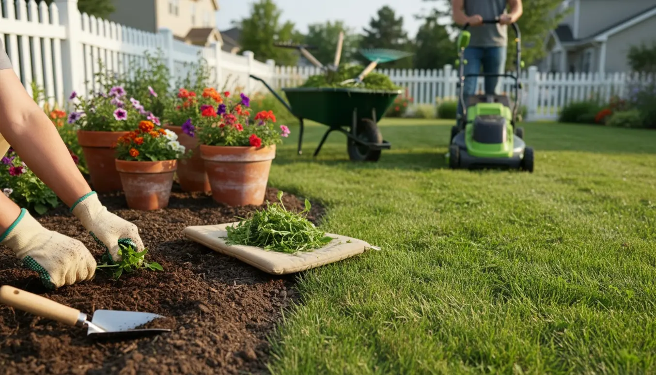 Nærbillede af hænder, der luger ukrudt i et blomsterbed, mens en person bagfra slår græsset med en plæneklipper.