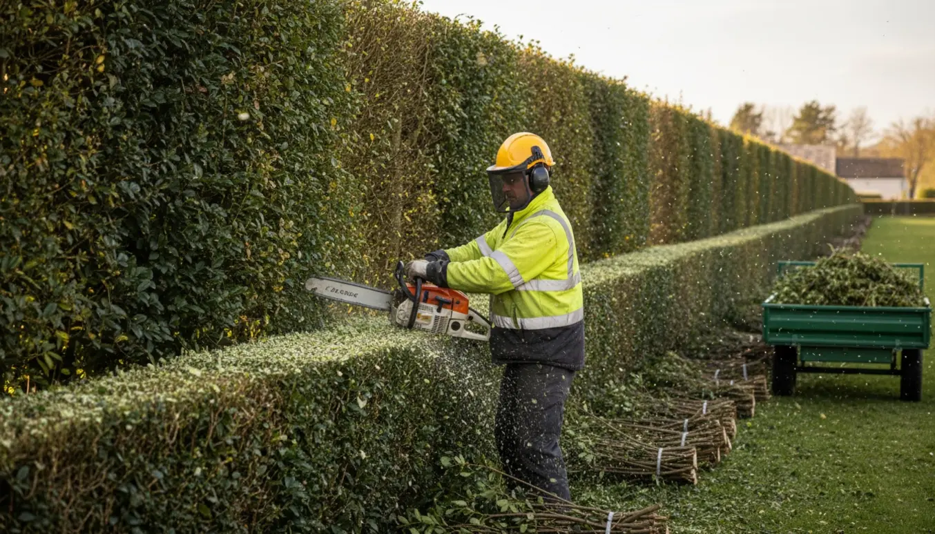 En håndværker fjerner toppen af en lang hæk med en kædesav, mens afklip samles i en vogn.