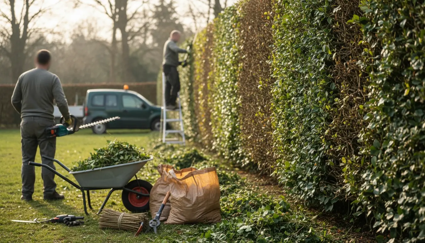 Lang efeuhæk bliver klippet professionelt, med afklip samlet i trillebør og affaldssække klar til bortkørsel.