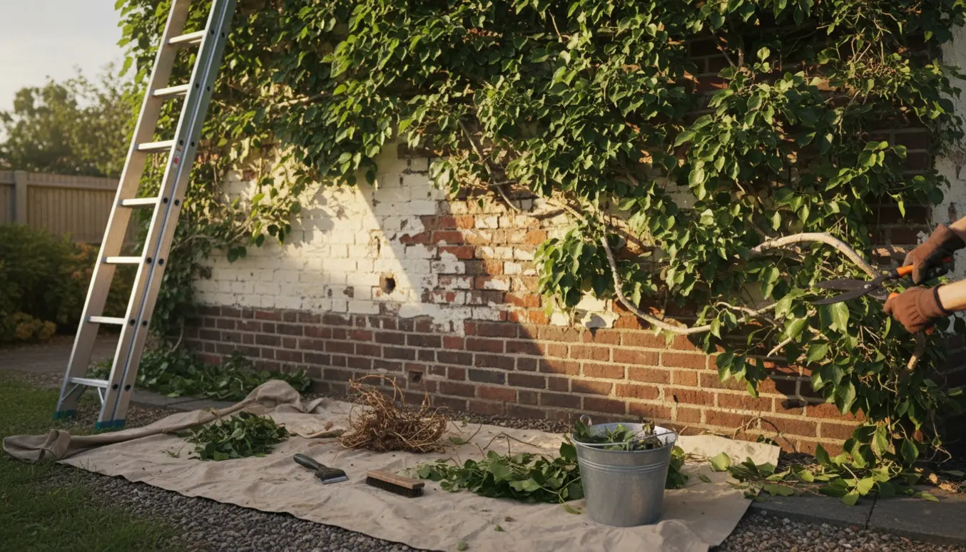 Hænder i handsker fjerner efeu fra en husmur med stige, beskærersaks og spand.