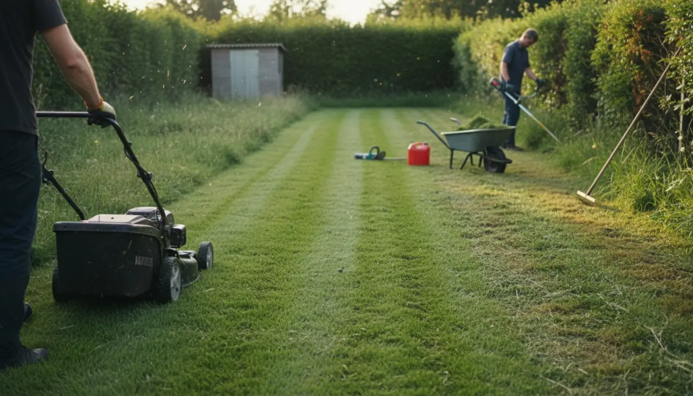 Stor plæneklipper klipper en delvist uplejet for- og baghave langs hækkene.