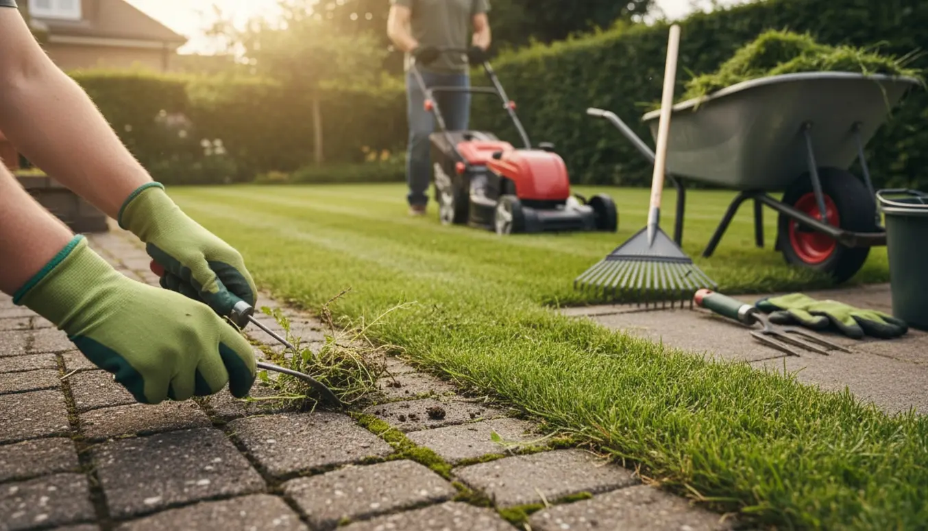 Hænder fjerner ukrudt mellem fliserne ved indkørslen, mens en plæneklipper og værktøj står klar ved en nyklippet baghave.