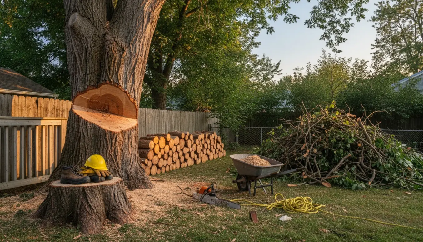 Stort træ i venstre hjørne ved et rækværk med stablet brænde og en bunke grene klar til bortskaffelse.