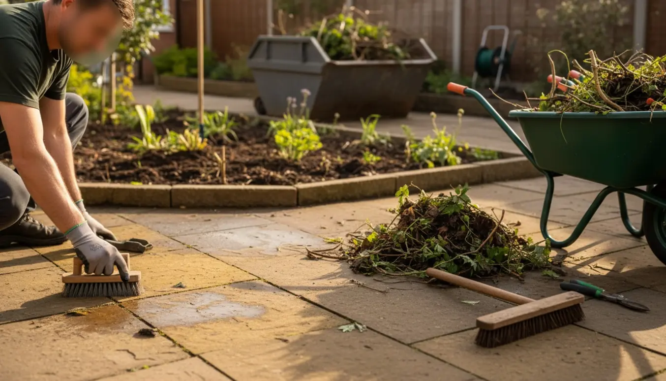 Handskeklædte hænder skrubber mos og ukrudt væk fra fliser med trillebør og container i baggrunden.
