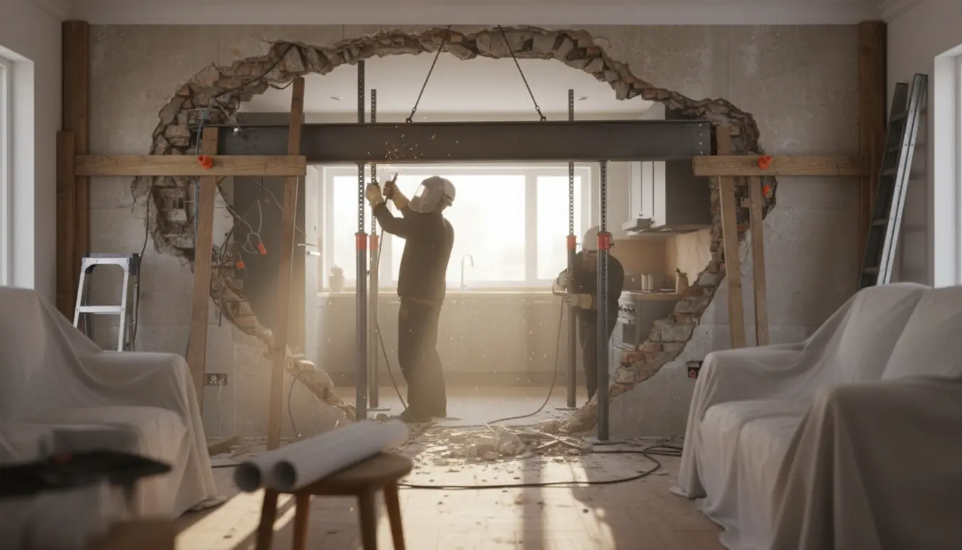 Åbnet bærende væg mellem stue og køkken med en H-stålbjælke under montering og håndværkere i beskyttelsesudstyr uden synlige ansigter.