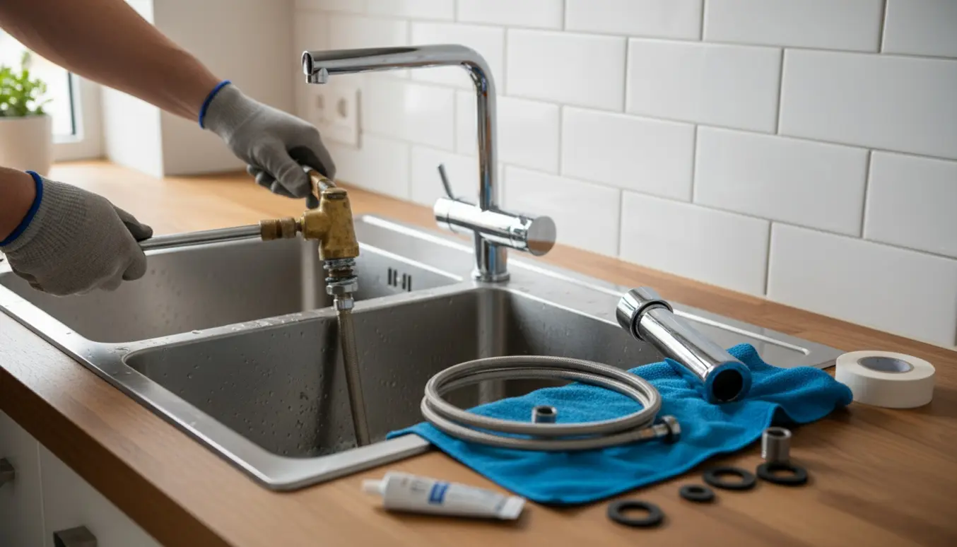 Hænder installerer nye krom blandingsbatterier ved en dobbel vask med værktøj og reservedele.