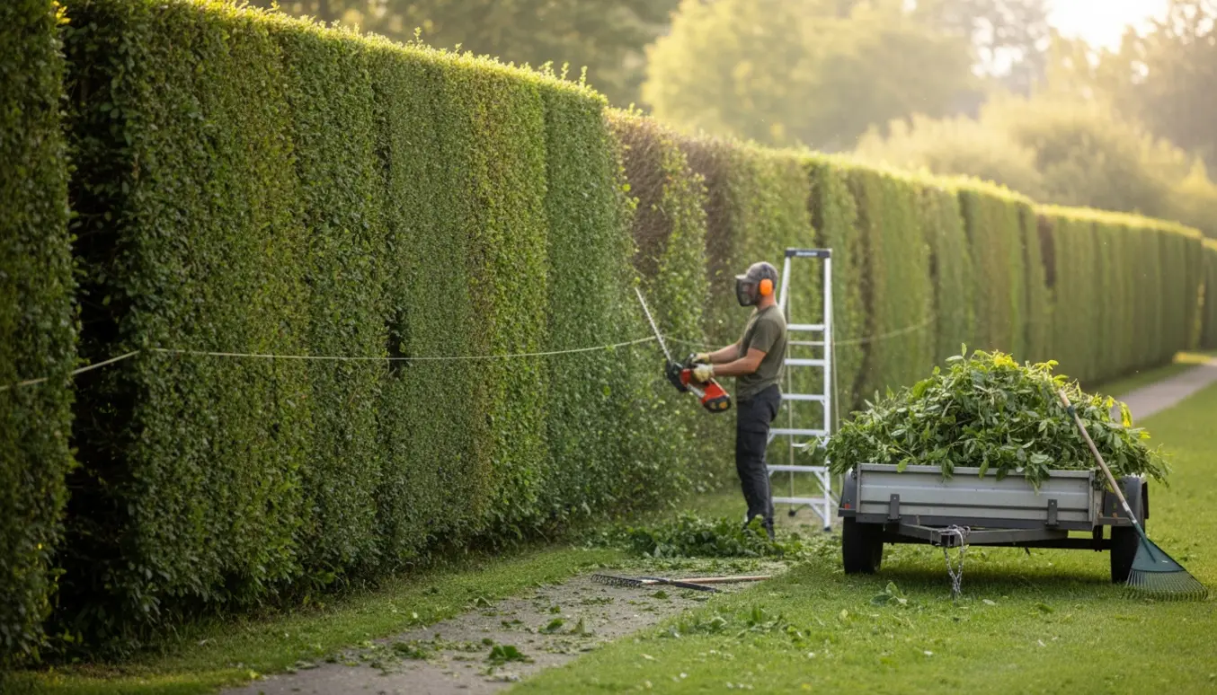 Lang hæk med nyklippet side, en trailer fyldt med afklip og en arbejder set bagfra.