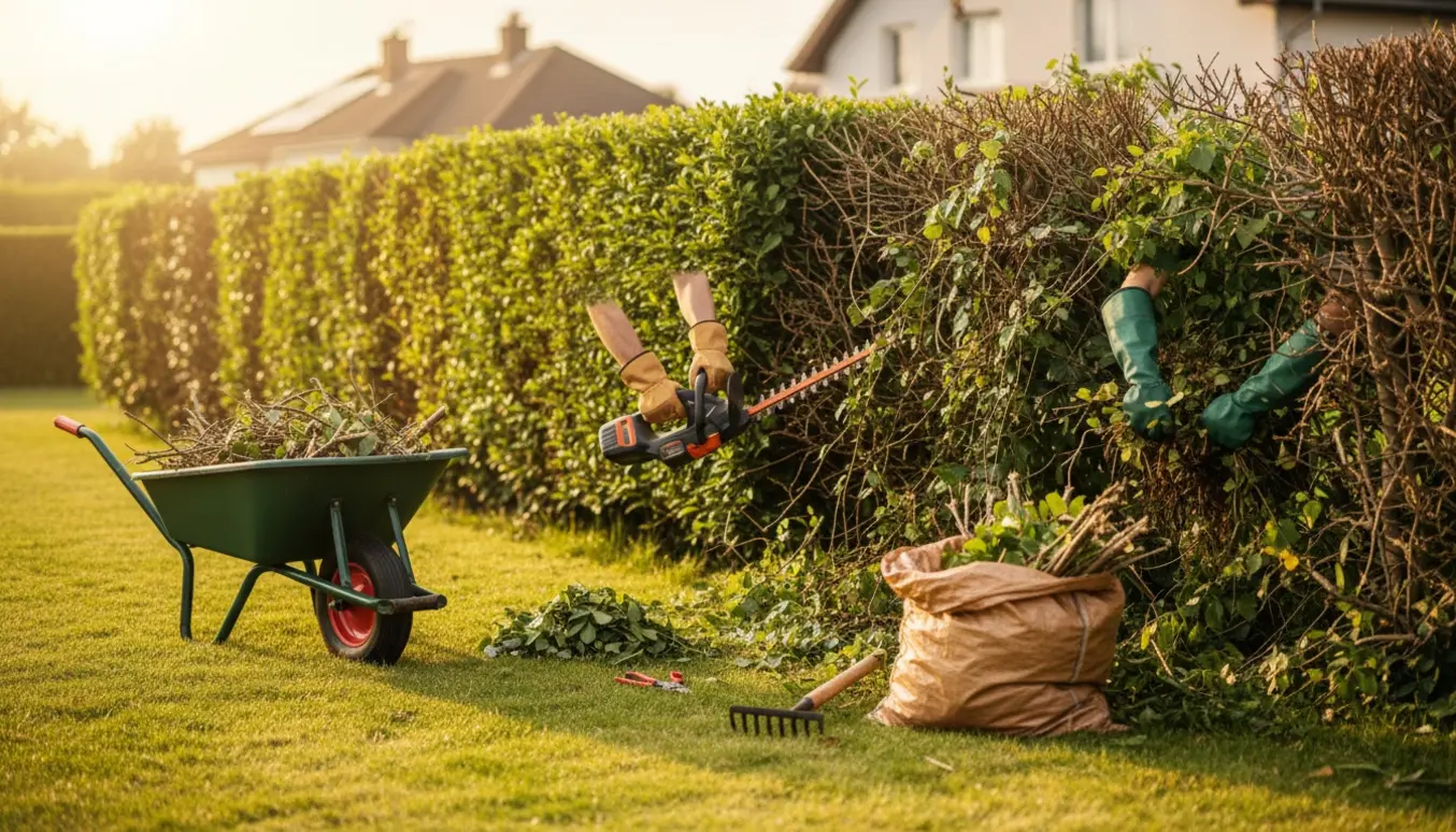 En havearbejder trimmer en lang hæk og fjerner ukrudt og efeu med grenaffald i en trillebør.