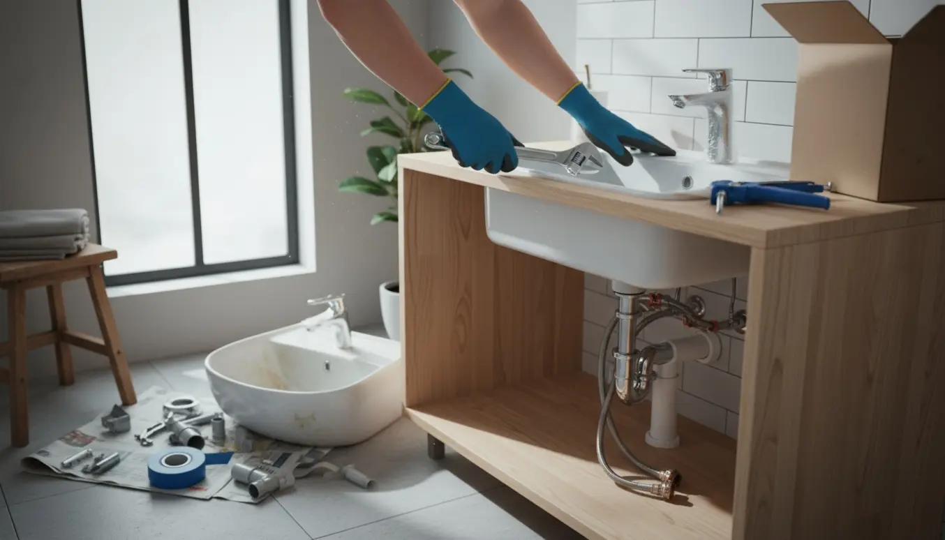 Montør uden synligt ansigt monterer en ny hvid håndvask i et lyst badeværelse med værktøj og materialer ved siden af.
