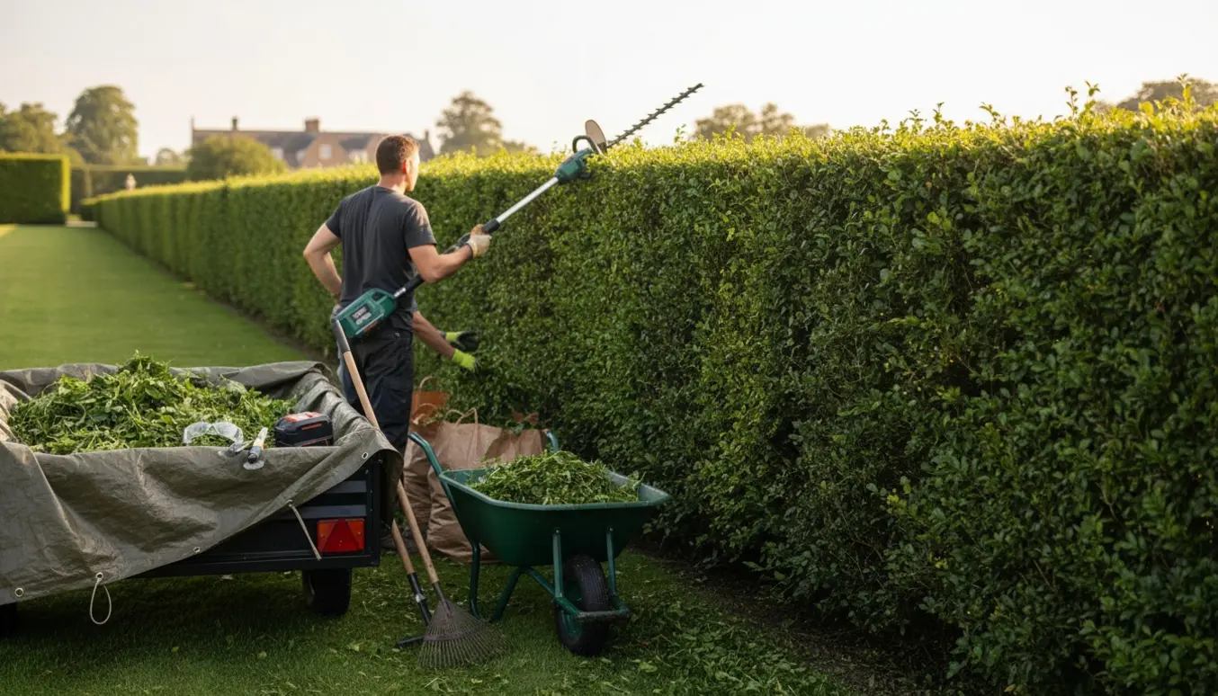 En arbejder klipper en lang hæk til to meters højde og samler afklip i en trillebør.