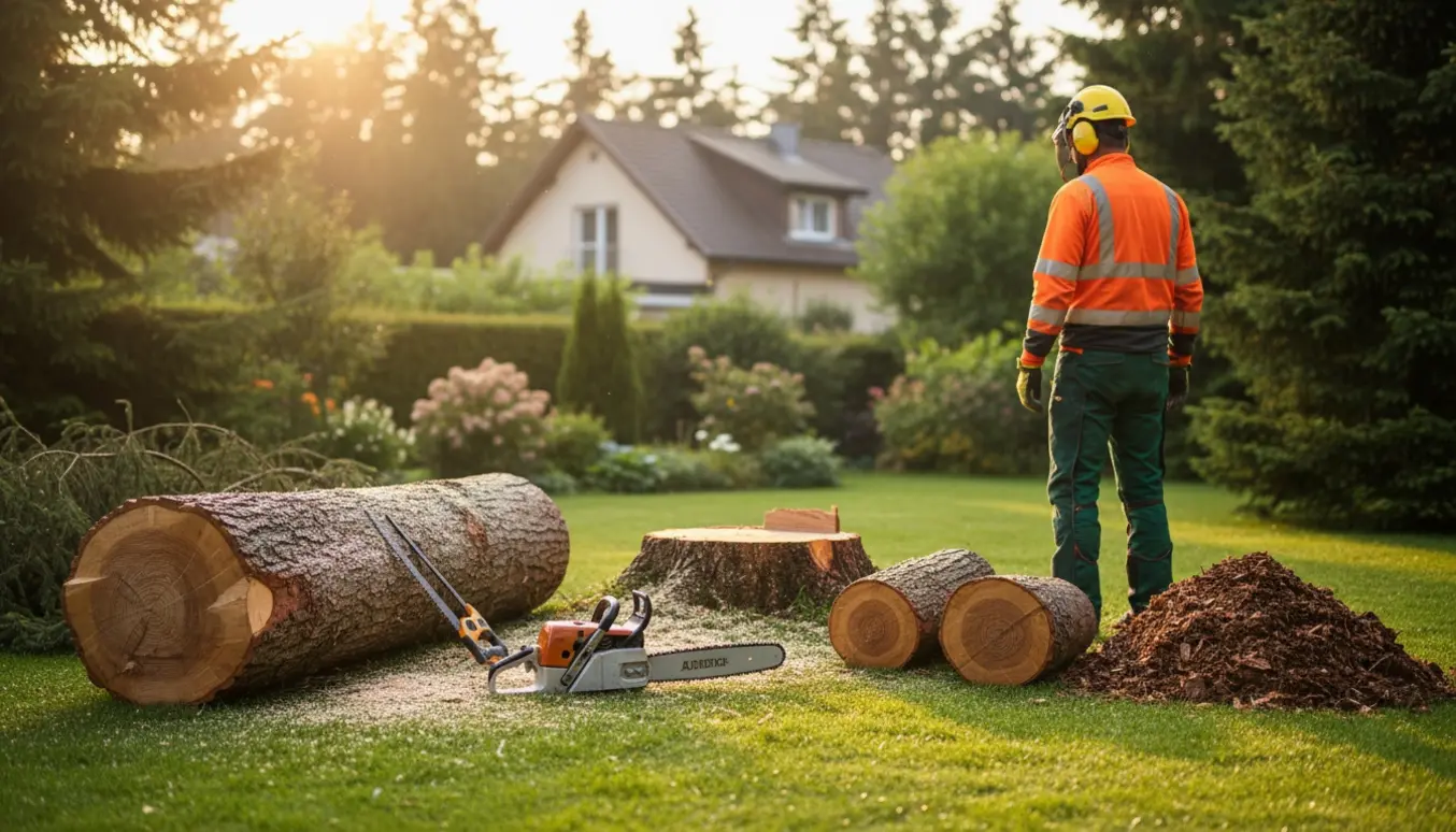 Et stort fældet grantræ savet op i stykker og stablet i haven med savsmuld på jorden.