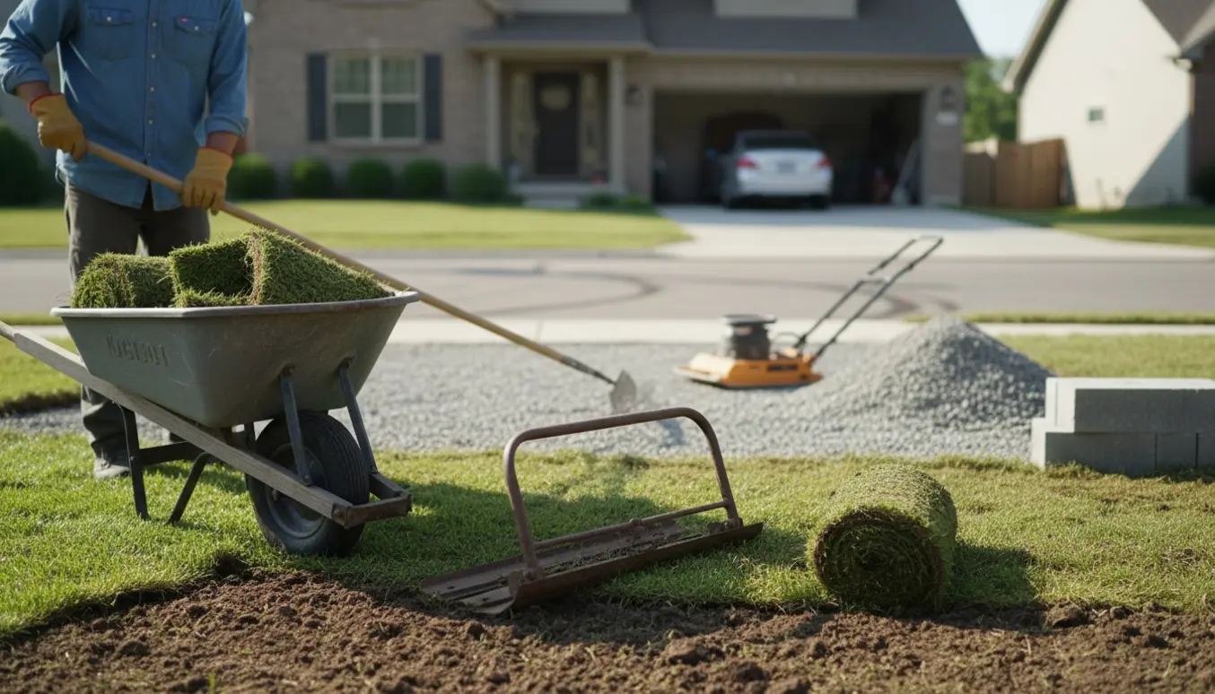 En forhave under omdannelse til indkørsel med fjernet græs, rullede græstørv og forberedt grusbund.