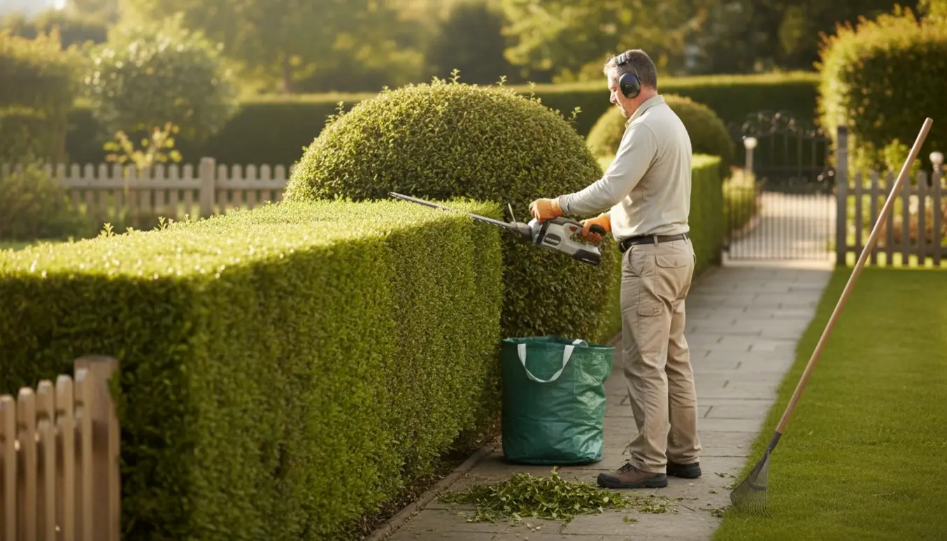 En person trimmer en ca. 10 m lang og 1,6 m høj hæk langs en havegang med afklip samlet i poser.