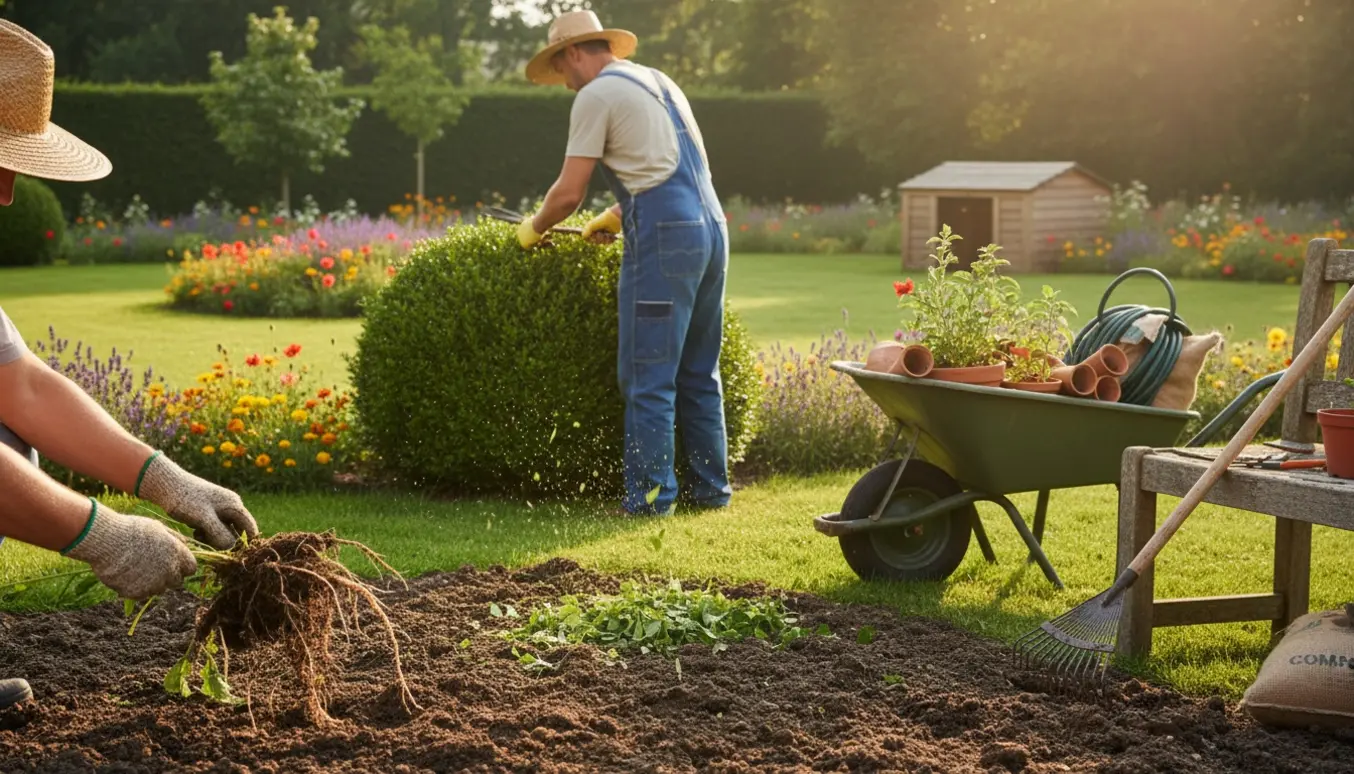 Handskerede hænder fjerner ukrudt i en have mens hæk klippes i baggrunden blandt haveredskaber i blødt morgenlys.